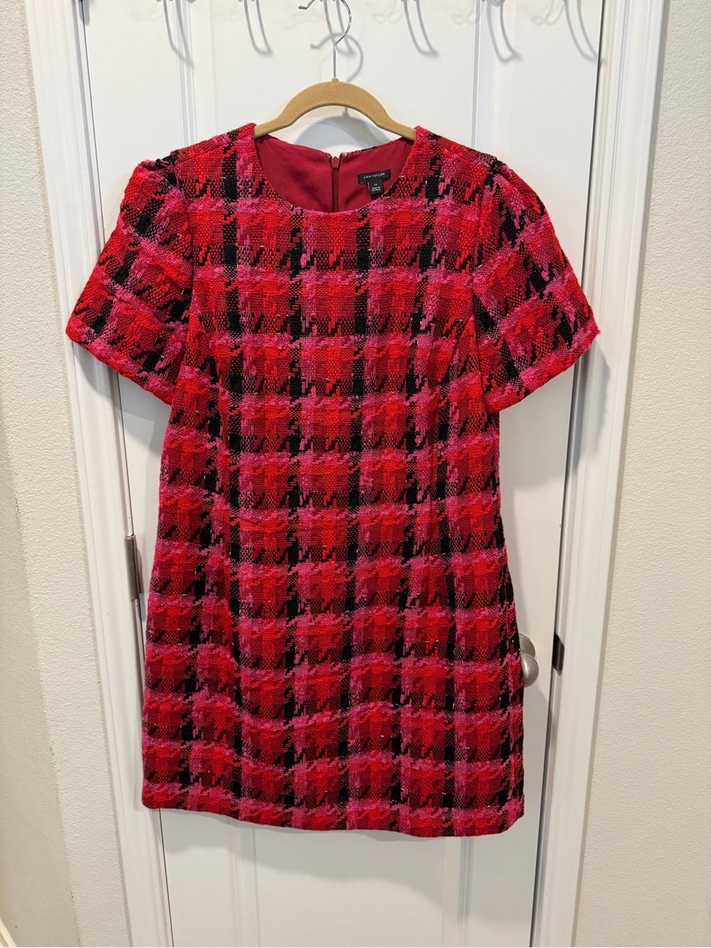 Ann Taylor Red Plaid Tweed Shift Dress